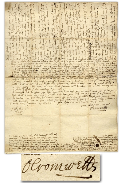 Important Oliver Cromwell Autograph Letter Signed From 1648 Regarding His Sons Matrimony -- ...Mr. Maijor desired 400l. per annum of inheritance...wherein I desired to be advised by my wife...
